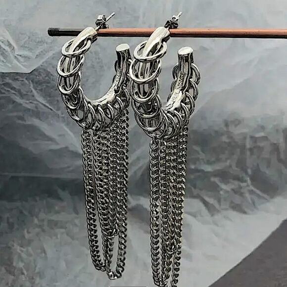 Silver Chain Hoop Link Earrings Punk Retro Y2K - Picture 1 of 6